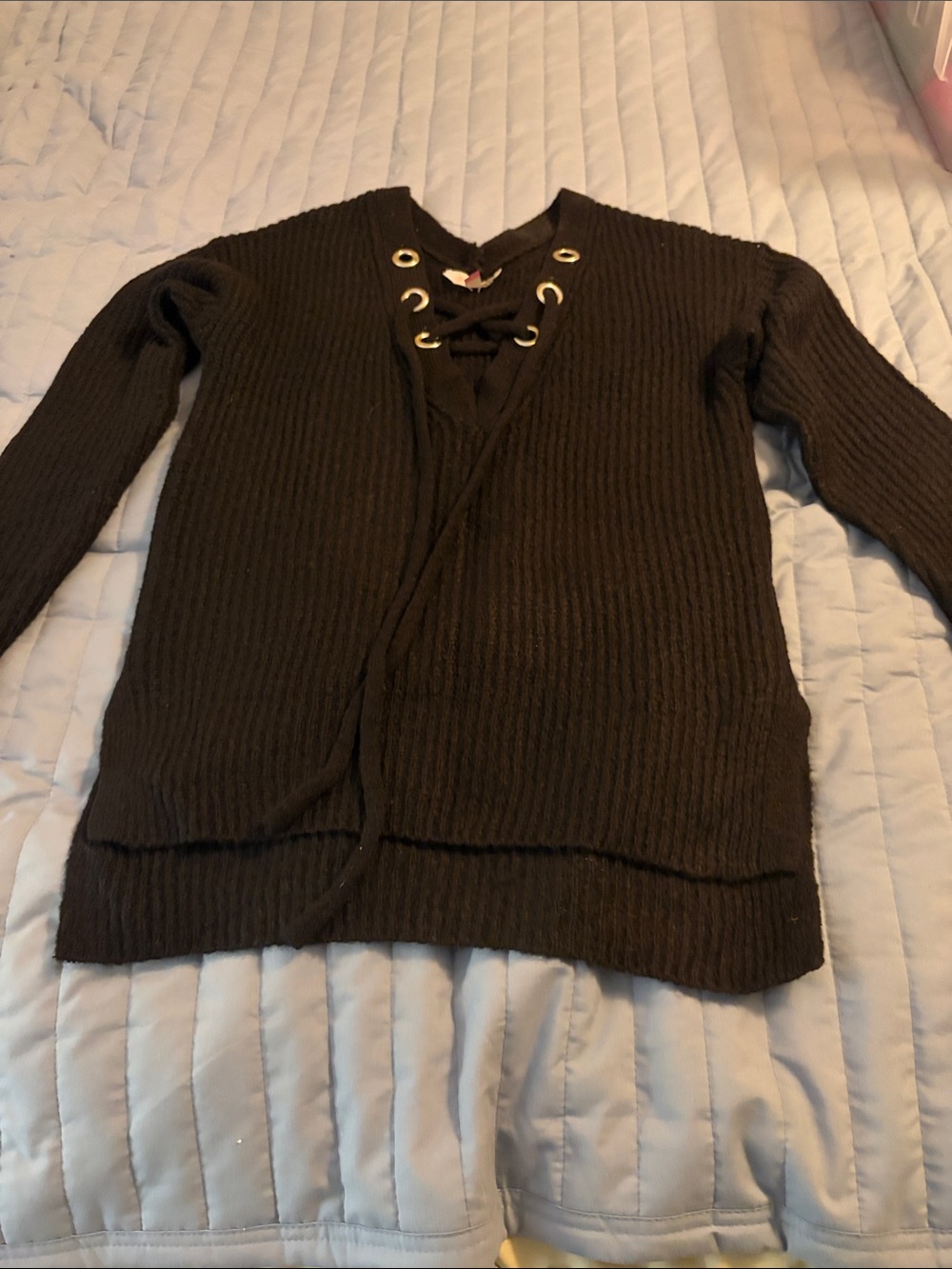 No Boundaries Black Ribbed Lace-Up V-Neck Sweater